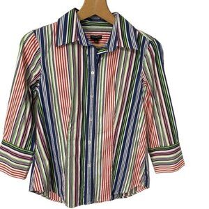 Talbots Women's Cotton Striped Button-Down Shirt Size 2 Blue White Green Orange